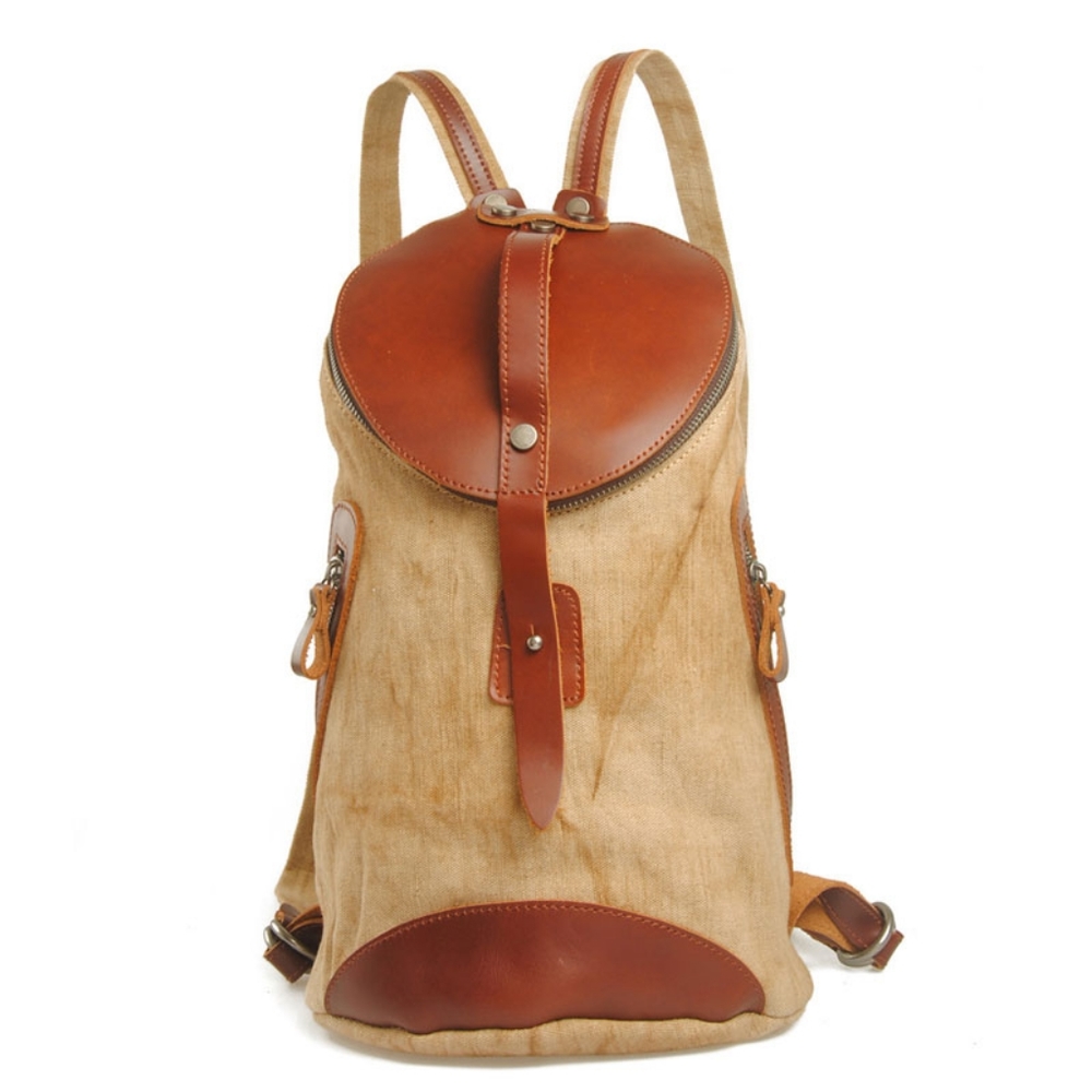 Luula Retro Zipper Hasp Natural Linen Leather Bucket Bag Backpack